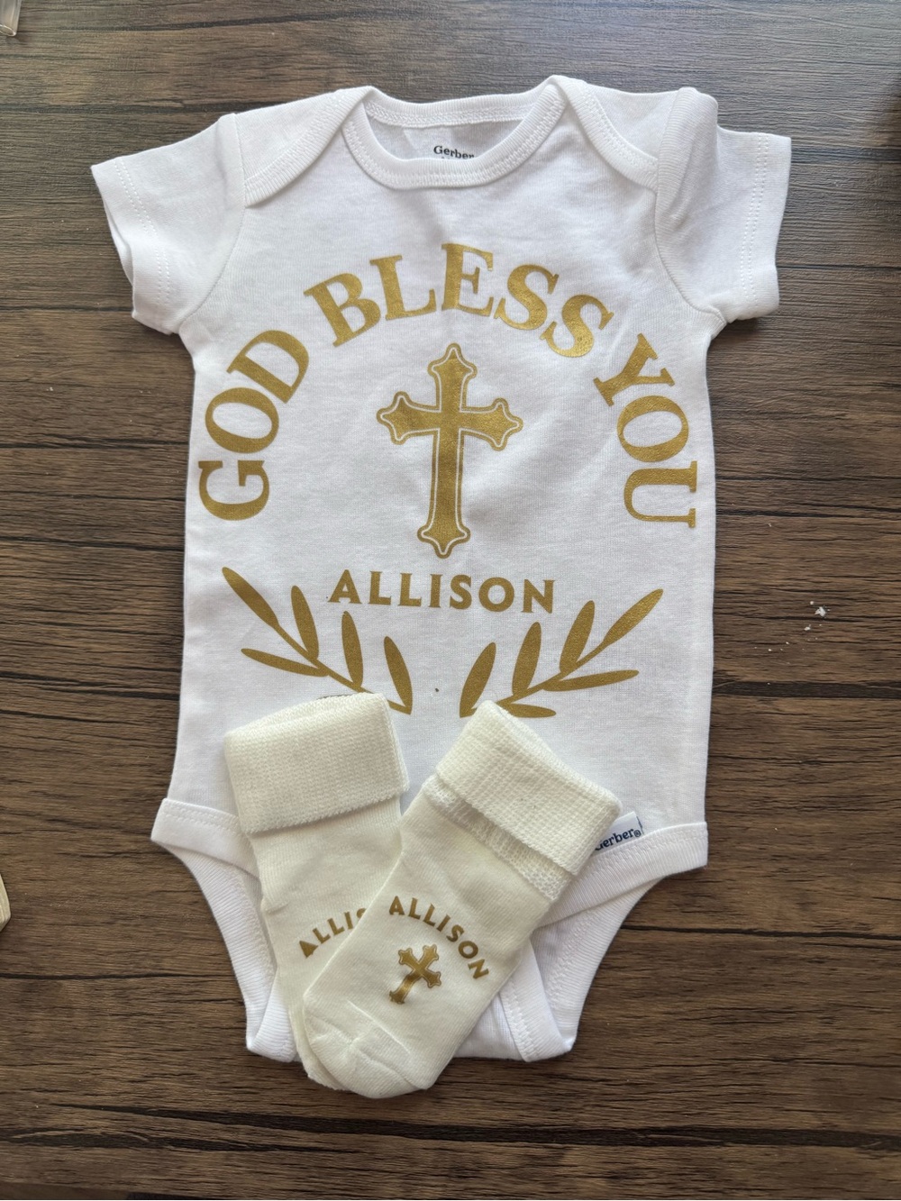 God Bless You Personalized Baby Onesie with Socks - White & Gold